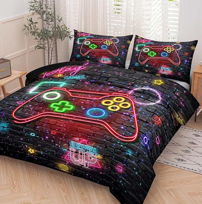 NINENINE Full Size Bedding Sets for Boys 5PCS Gaming Comforter Gamer Bedding Sets for Boys Bed in A Bag Gamer Comforter Sets (1Comforter, 1Flat Sheet, 1Fitted Sheet, 2Pillowcases)…