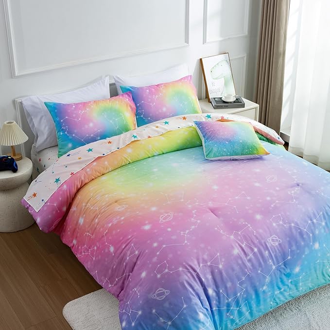 Btargot 6 Piece Tie Dye Constellation Comforter Set Bed in A Bag, Galaxy Rainbow Stars Pattern Bedding Set for Boys Girls Teen, Queen Multi