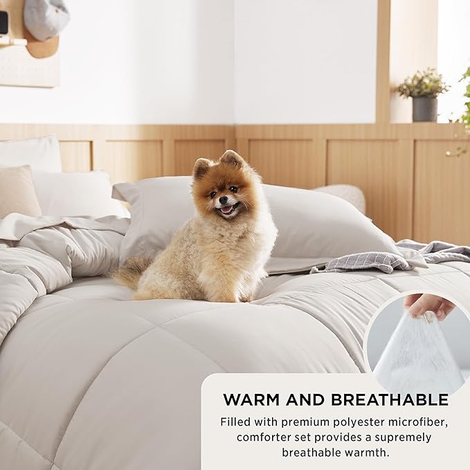 Bedsure Beige Full Size Comforter Set - 7 Pieces Solid Full Bed in a Bag, Full Bed Set Beige with Quilted Warm Fluffy Comforters, Sheets, Pillowcases & Shams