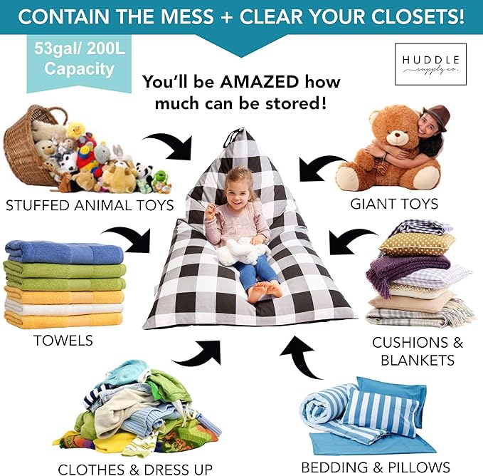 Stuffed Animal Bean Bag Storage - Machine Washable Bean Bag Chair for Kids - Extra Large Cover for Stuffing with Plush Toys, Pillows, Soft Items - Stuffed Animal Holder for Boys & Girls - Gingham