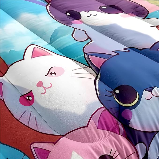 Cat Bedding Set Queen Size - Cute Girls Bedding Cat Comforter Set for Kids Teens Girls Cartoon Animal Print Cat Quilt Soft Breathable Kid Comforter Set, 1 Comforter 2 Pillowcase