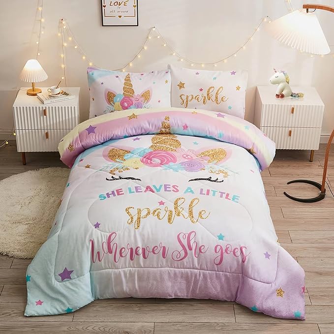 Twin Size Comforter Set for Girls, 3-Piece Bed in a Bag, 3D Colorful Unicorn Bedding Comforter Sheet Set, Ultra Soft and Fluffy, Pink & Rainbow Color