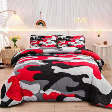Meeting Story Camouflage Bedding Set, Colorful Pattern Style Comforter Set, 3 PCS One Comforter and Two Pillowcases in One Bag, All Season Bedspread for Boys Teens Adults (Black, Full)