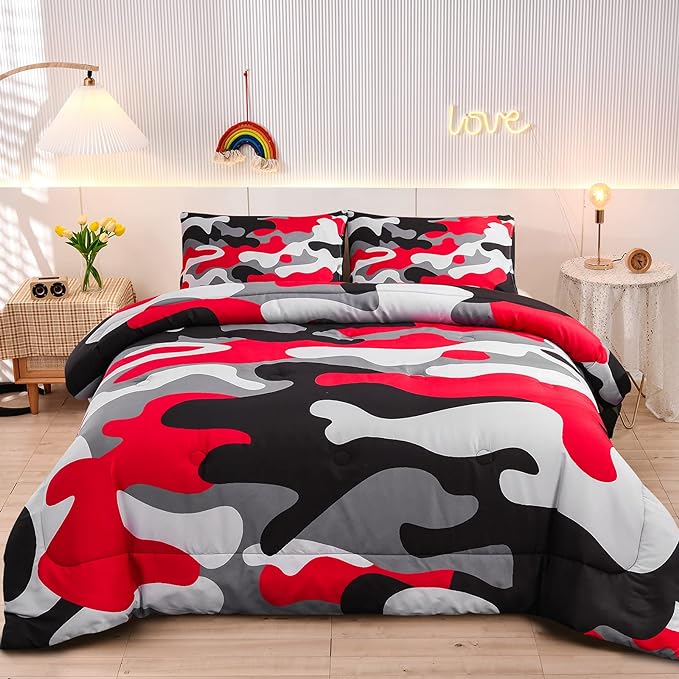Meeting Story Camouflage Bedding Set, Colorful Pattern Style Queen Comforter Set, 3 PCS One Comforter and Two Pillowcases in One Bag, All Season Bedspread for Kids Teens Adults (Black, Twin)