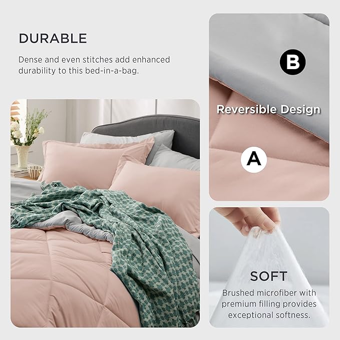 Bedsure Blush Pink King Size Comforter Set - 7 Pieces Reversible King Bed in a Bag King Bed Set with Comforters, Sheets, Pillowcases & Shams, King Bedding Sets