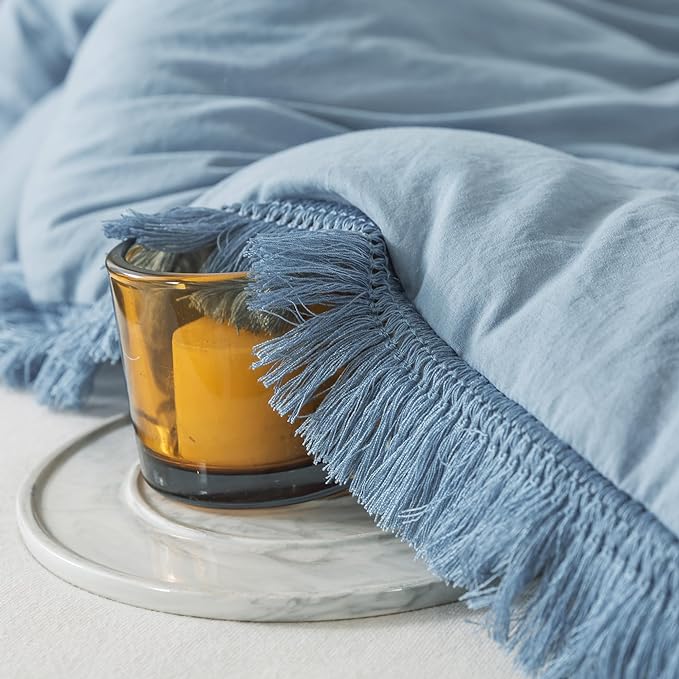 Andency Grayish Blue Comforter Set Full Size, 3 Pieces Boho Tassel Lightweight Bedding Comforter Sets, All Season Soft Fluffy Fringe Bed Set (79x90In Comforter & 2 Pillowcases)