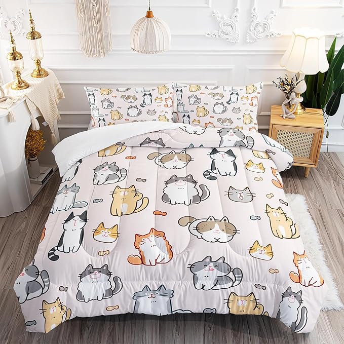 Kids Cute Cat Comforter Set Full Size 3Pcs Cartoon Pet Cat Fishing Bedding Set Lovely Animal Quilt Bed Set for Children Girls Boys Room Decor