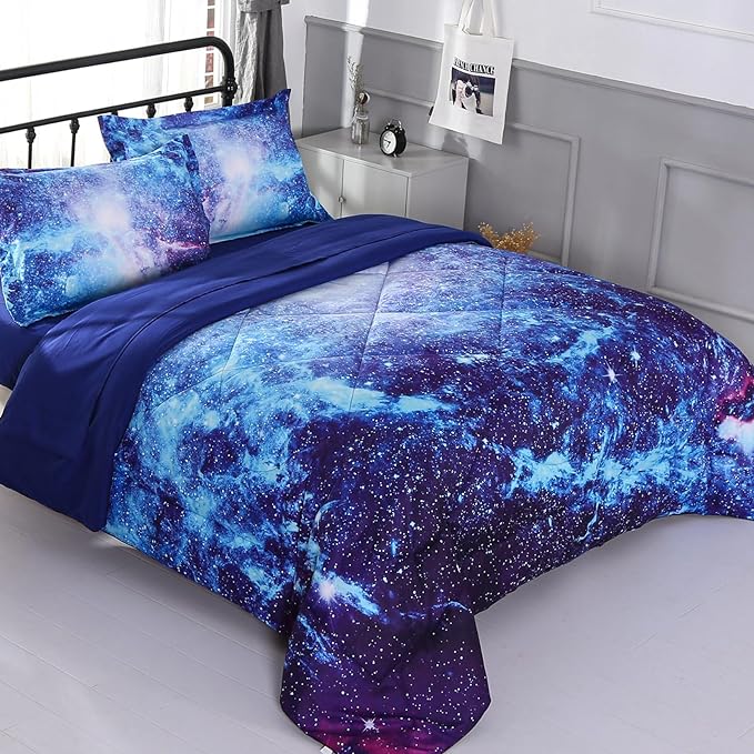 Wowelife Galaxy Bedding Comforter Set Full 5 Pieces Blue Outer Space Kids Full Size Comforter Bed Set for Teen Boys and Girls Lightweight with Comforter, Flat Sheet, Fitted Sheet and 2 Pillowcases
