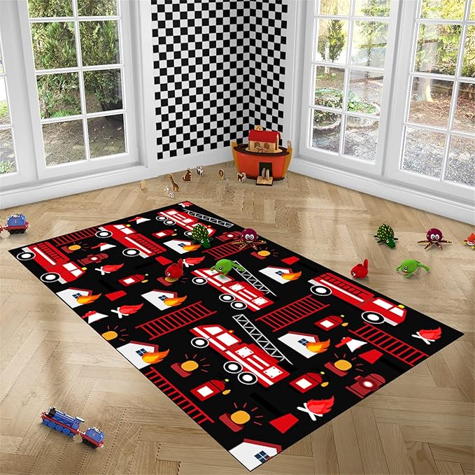 Car Play Rug Fire Fighting Truck Area Rug Car Rug Play Mat Kids Rugs for Playroomcar Rug for Boys Room Carpet Floor Mat for Bedroom Living Room,Black 3'×4'