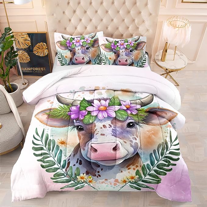 CVHOUSE Kawaii Cow Comforter Set Full Size,Cute Pink Cow Bedding Set for Girls Kids,Kawaii Cow Quilt Set Pink Cow Duvet Set Girl's Bedroom Decor 3 Pieces