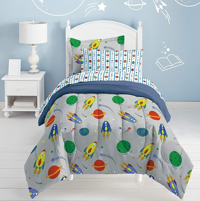 Dream Factory Space Rocket Ultra Soft Microfiber Comforter Set, Multi-Colored, Twin,2A745901MU