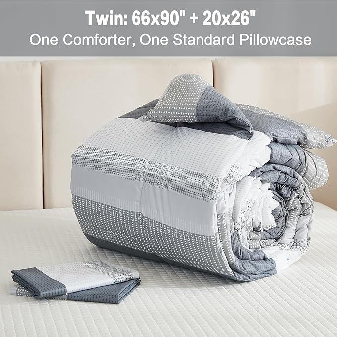 Litanika Twin/Twin XL Comforter Set Dorm Bedding Grey, 2 Pieces Twin Extra Long Comforter & Sets Light Gray White Colorblock Stripe, All Season Bed Set
