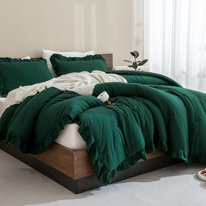 Andency Dark Emerald Green Comforter Set King, 3 Pieces Lightweight Ruffle Bedding Comforter Sets, Farmhouse Ruffle Bed Comforter Set, Lightweight and Soft Bedding Comforter for All Seasons
