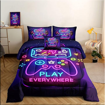 6 Pieces Gamer Bedding Set for Boys Gaming Comforter Full Size, Game Controller Comforter for Teen 3D Gamepad Microfiber 6 Piece Bed in A Bag Kids Bedding Sets with Sheets,DJT H5031 Full