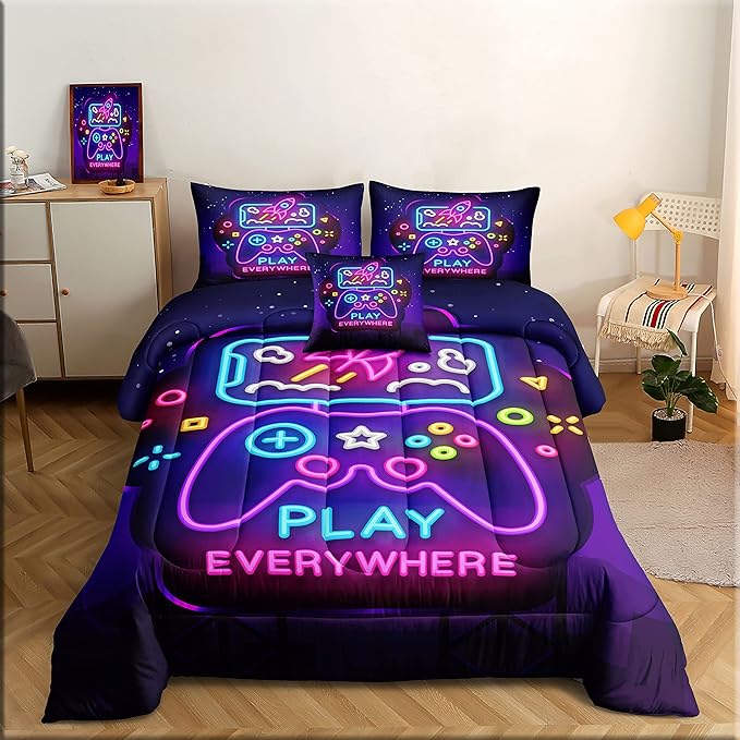 5 Pieces Gamer Bedding Set for Boys Gaming Comforter Twin Size, Game Controller Comforter for Teen 3D Gamepad Microfiber 5 Piece Bed in A Bag Kids Bedding Sets with Sheets,DJT H5031 Twin