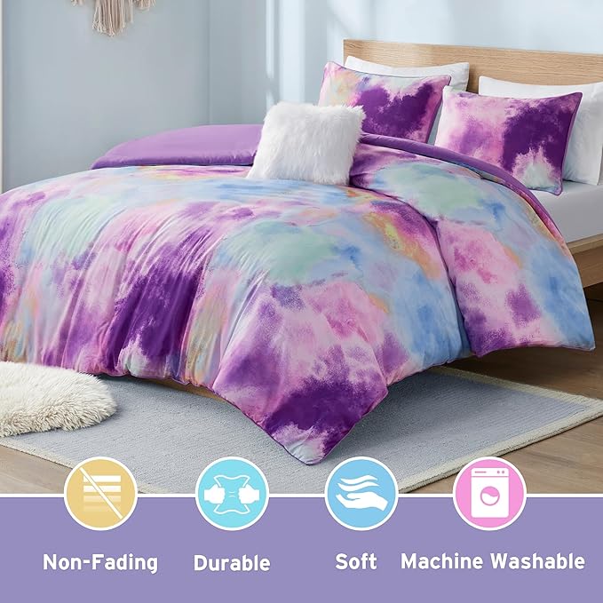 Intelligent Design Duvet Cover Queen Bedding Sets for Girls & Boys Watercolor Tie Dye Queen Duvet Cover Set Kids, Microfiber Queen Size Duvet Cover Set, Pillow Cassiopeia, Full/Queen Lavender 4 Piece