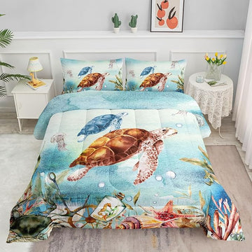 Datura home Sea Turtle Bedding Comforter Set for Boys Girls Teens Children Adults,Watercolor Sea Creatures Blue Ocean Theme Bedding Set with 1 Comforter and 2 Pillowcases(Turtle Twin) Blue Turtle