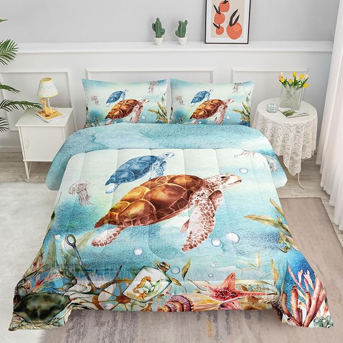 Datura home Sea Turtle Bedding Comforter Set for Boys Girls Teens Children Adults,Watercolor Sea Creatures Blue Ocean Theme Bedding Set with 1 Comforter and 2 Pillowcases(Turtle Twin) Blue Turtle