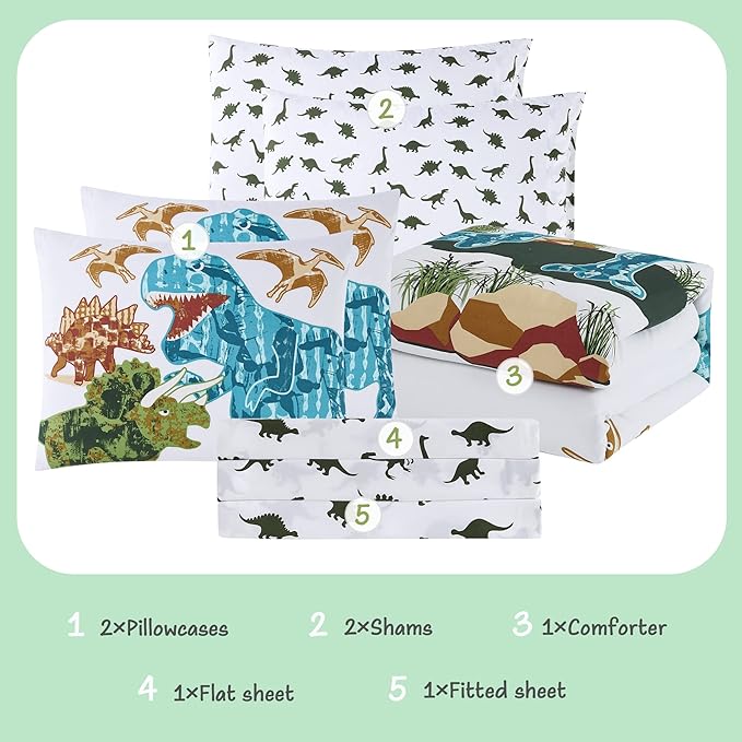KALEIDOSPACE Gilrs Boys Full Size Bedding Set, 7 Piece Glow in The Dark Dinosaur Bed in A Bag-1 Comforter,2 Pillow Shams, 2 Pillowcases, 1 Flat Sheet, 1 Fitted Sheet
