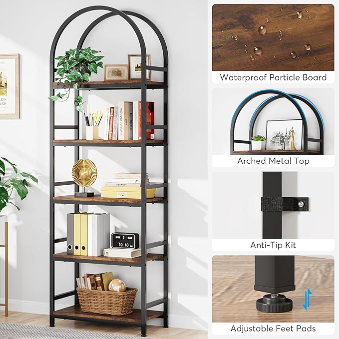 Tribesigns 5-Tier Open Bookshelf, 74.4" Wood Bookcase Storage Shelves with Metal Frame, Freestanding Display Rack Tall Shelving Unit for Office, Bedroom, Living Room, Easy Assembly(Brown, 1PC)