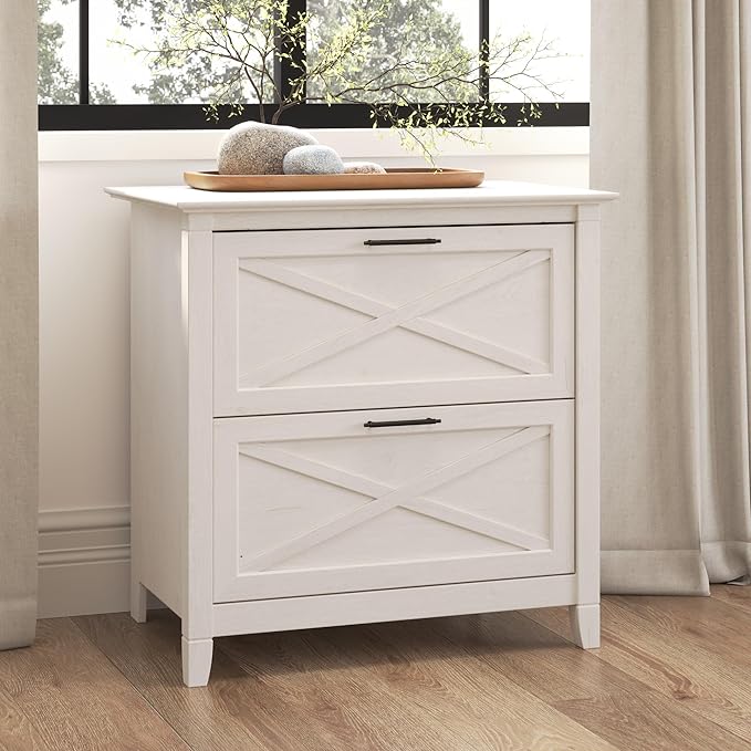 Bush Furniture Key West 2 Lateral File Cabinet | Document Storage for Home Office | Accent Chest with Drawers, Casual, Linen White Oak & Key West Computer Desk with Storage | Small