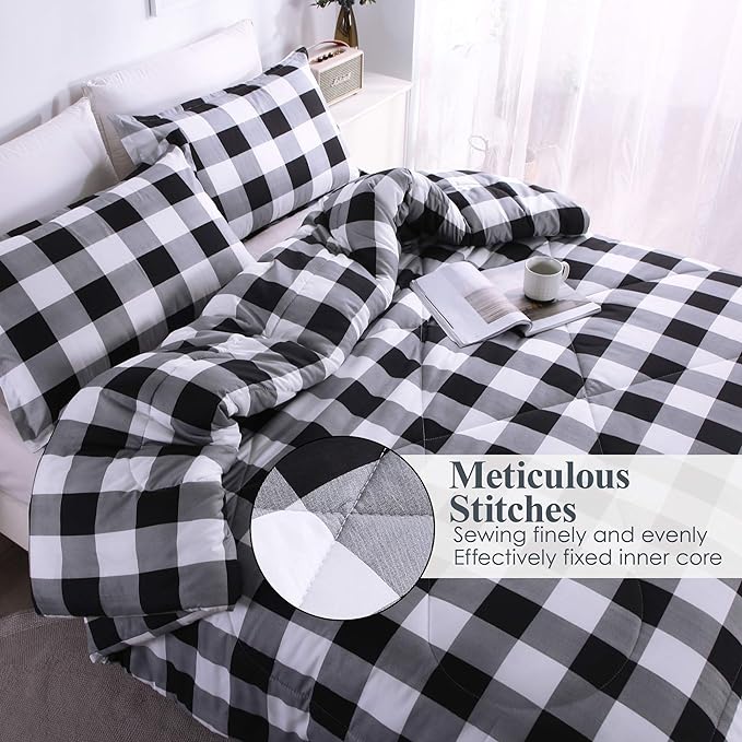 Andency Black Plaid Comforter Set Queen Size (90x90 Inch), 3 Pieces (1 Gingham Comforter and 2 Pillowcases), Summer Lightweight Microfiber Buffalo Check Down Alternative Comforter Set