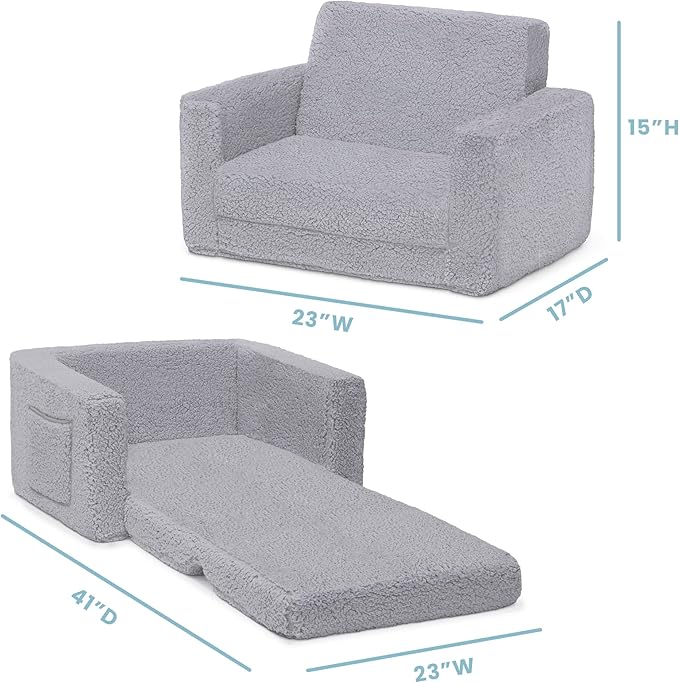 Delta Children Cozee Flip-Out Sherpa 2-in-1 Convertible Chair to Lounger for Kids, Grey