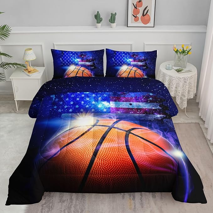 Datura home Kids Comforter Set Basketball Printed Pattern Bedding Set with 1 Comforter and 2 Pillowcases for Girls Boys Bedroom All Season(Basketball Full)
