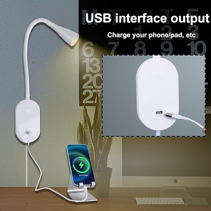 QinYing Reading Lights for Books in Bed, Wall Mounted Book Light for Reading in Bed, USB Charging 5 Dimming Levels Headboard Reading Lamp, Touch Control LED Flexible Gooseneck 4000k Bed Lights, White