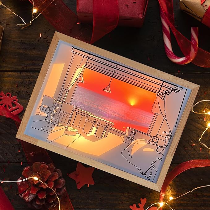 Decorative Lamp on Desk, Warm Seaside Design Desktop Illustration Light, USB Low Power Desk Lamp with Morning/Afternoon/Sunset 3 Modes
