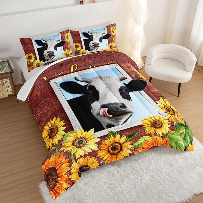 HOSIMA Farmhouse Animal Cow Comforter with 2 Pillowcases,Wooden Decor Terracotta Comforter Set Queen Size for Adults Teens,Cow Print Bedding Room Decor,Sunflower Comforter Set.