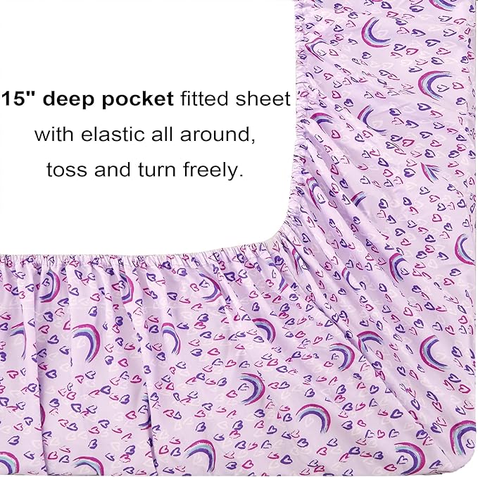 Mooreeke Twin Size Comforter Sets for Girls Kids, 6 Pieces Bed in a Bag Purple Love Rainbow Bedding Comforter Sheet Set with Shams and Decorative Toy Pillow, Ultral Soft Microfiber Kids Bed Set