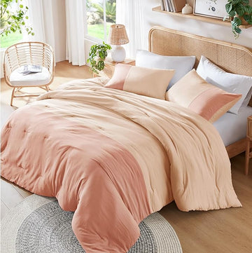 Pink Twin Comforter Set - Modern Soft Farmhouse Bedding for Teen Girls, Kids Colorblock Pattern Bed Sets for All Season, 2 Pieces includes 1 Comforter, 1 Sham (66"x 90")
