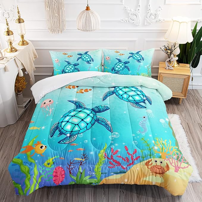 Turtle Comforter Set Full Ocean Watercolor Sea Turtle Bedding Set Nautical Sea Animal Reptile Bed Set with 2 Pillowcases for Kids Room Decor