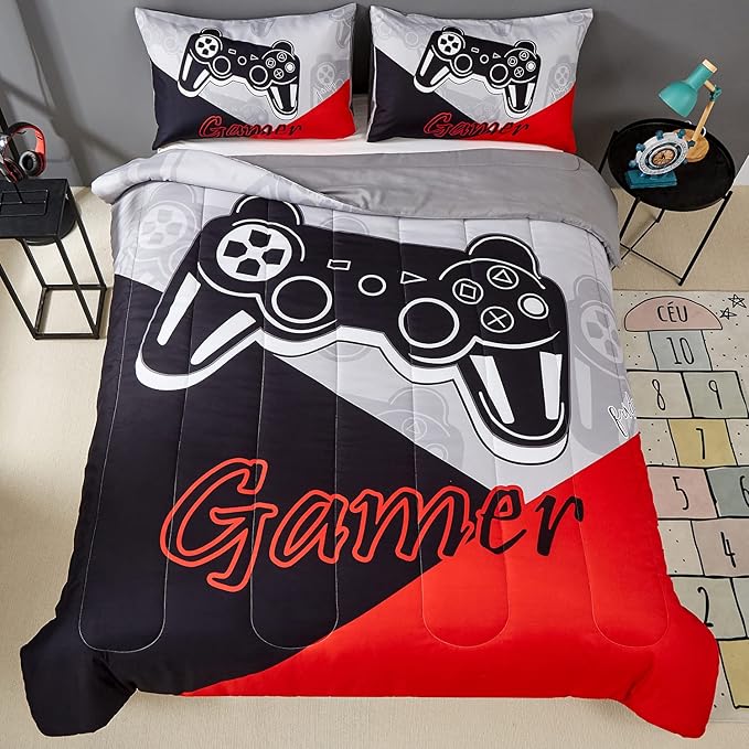 Gaming Comforter Sets for Kids Teen Boys,Video Games Controller Pattern Bedding Set for Room Decor, Queen Size 3-Piece Reddish Black Gamer Comforter with Pillowcase,All Season(Red,Queen)