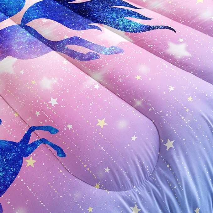 Datura home Bedding Comforter Set Starry Sky Unicorn Printed Pattern Quilt with 1 and 2 Pillowcases for Girls Bedroom All Season(Purple Queen) Queen 90x90inches