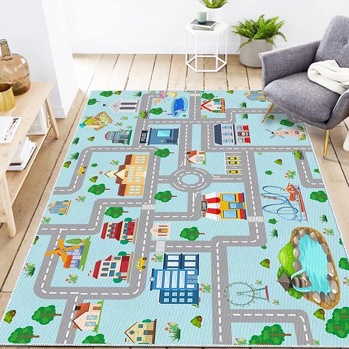 Kids Car Rug, 3' 3" x 5' 3" City Life Traffic Road Playmat for Toy Cars Trains, Non-Slip Race Track Carpet Educational Fun Area Rugs for Boy and Girl Bedroom Nursery