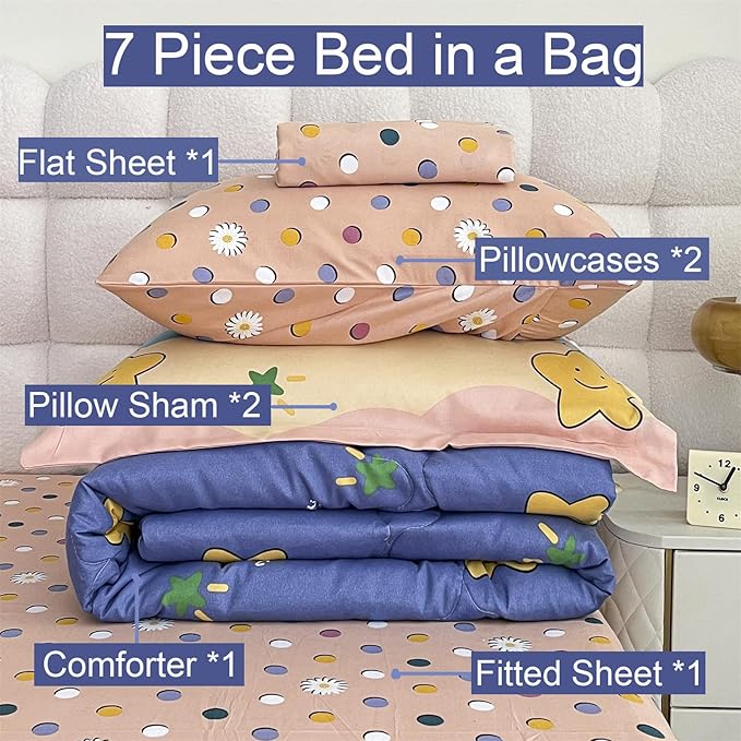 Kids Moon Stars Cloud Comforter Set Full size - 7 Piece Rainbow Kawaii Bedding Set Bed in A Bag for Girls Boys Teens - Goodnight Moon Neutral Soft Comfortable Machine Washable Bed Set
