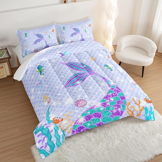 HOSIMA Mermaid Tail Comforter Set 3Pcs with 2 Pillowcases,Purple Fish Scales Bedding Set Cartoon Ocean Life Sea Animal Twin Comforter Set for Girls Kids Women,Mermaid Room Decor