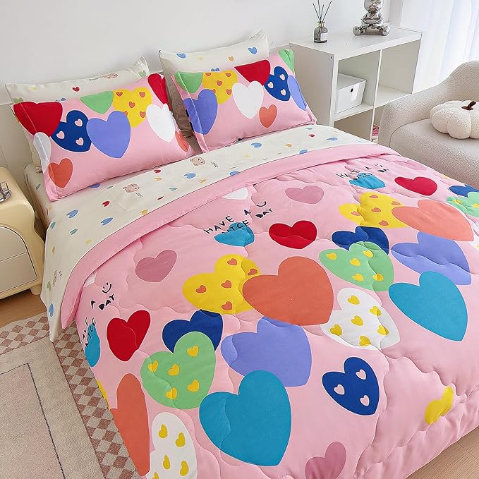 7 Piece Kids Pink Heart Bedding Sets Twin Comforter Set with Sheets - Colourful Reversible Heart Shaped Cute Bedding for Girls Kids - Love Quilt Bed in a Bag All Season