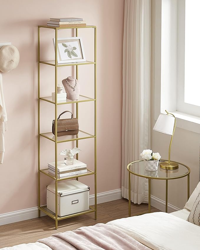 VASAGLE Bookcase, 6-Tier Bookshelf, Slim Shelving Unit for Bedroom, Bathroom, Home Office, Tempered Glass, Steel Frame, Metallic Gold ULGT500A01