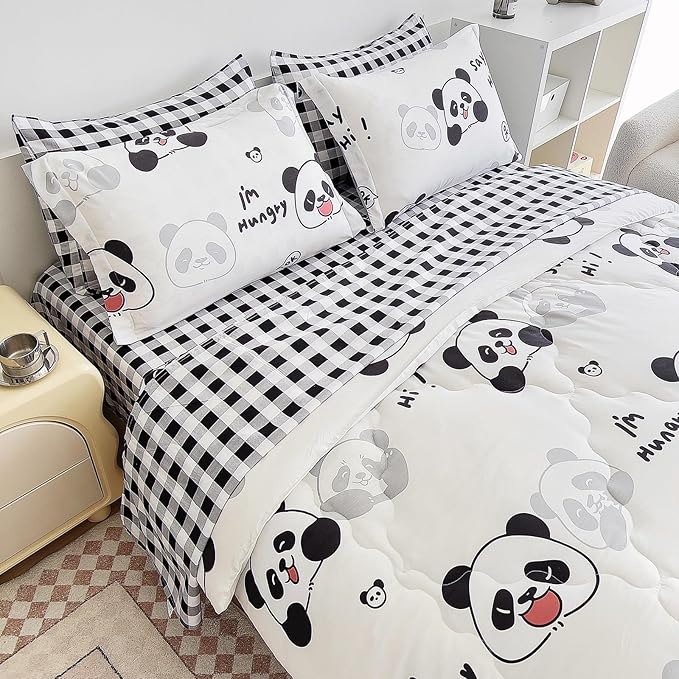 7 Piece Kids Panda Comforter Set Twin Size - Black White Cute Panda Bedding Set Bed in A Bag for Girls Boys Teens - Soft Comfortable Machine Washable Bed Set