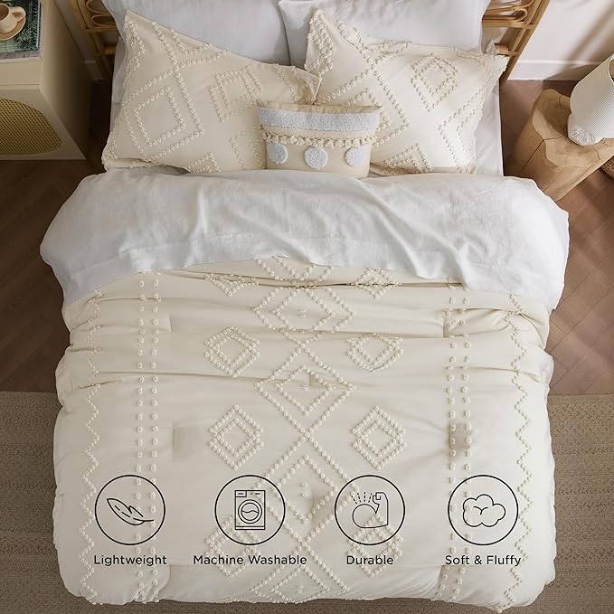 Bedsure Boho Comforter Set King - Mineral Blue Tufted Bedding Comforter Set, 3 Pieces Farmhouse Shabby Chic Embroidery Bedding Set, Soft Geometric Pattern Comforter for All Seasons