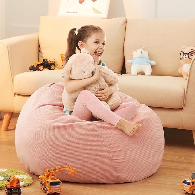 Stuffed Animal Storage Kids Bean Bag Chair Cover (No Filler) Washable Ultra Soft Corduroy Pink Bean Bag Cover for Organizing Plush Toys or Textile, Sack Bean Bag for Adults, Teens (XL)