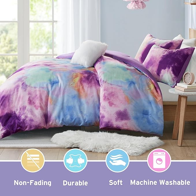 Intelligent Design Twin Comforter Set, Watercolor Twin Bedding Sets, Tie Dye Comforter Set for Teen Girl & Boys, 3 Pieces Cassiopeia Comforter, Sham, Throw Pillow Twin/Twin XL Lavender