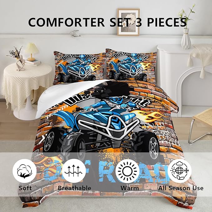 Axolotl Quad Bike Bedding Set Full,Dirt Bike Comforter Set,Extreme Sports Bedding Set,Sports Theme Comforter Set,Tractor Truck Bedding,Motorcycle Comforter for Kids Boys Teens,1 Quilt 2 Pillowcases