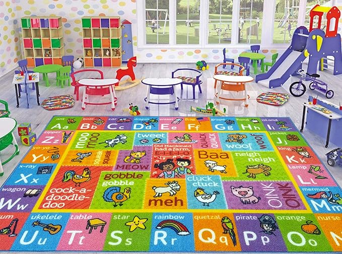 KC Cubs Classroom Rug, Kids Rug and Baby Play Mat ABC Alphabet with Old MacDonald Animals Educational Learning Non Slip Baby Girl & Boy Carpet Children Bedroom Toddler Playroom Floor Mat Nursery Rug