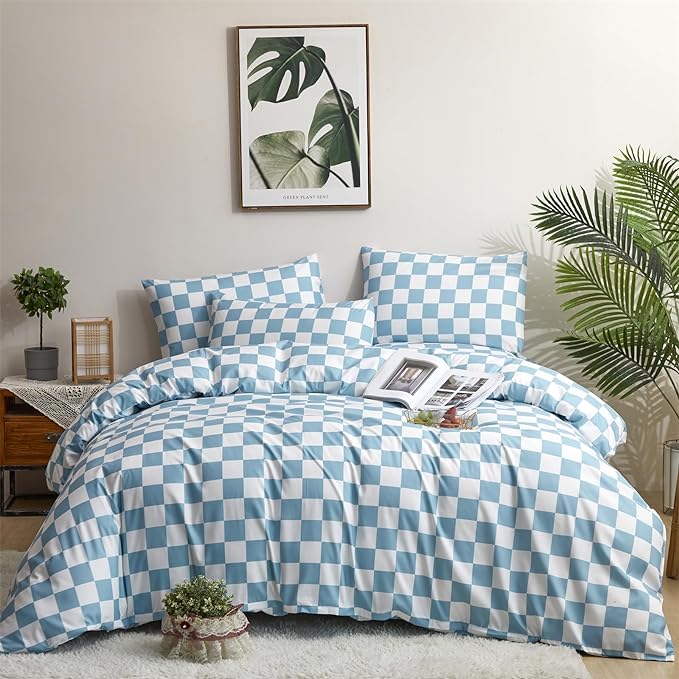 Wellboo Blue White Plaid Comforter Sets California King Women Men Light Blue and White Checkerboard Grid Bedding Comforters Cal King Cotton Dusty Blue Checkered Geometric Quilts Luxury Sky Blue Bed