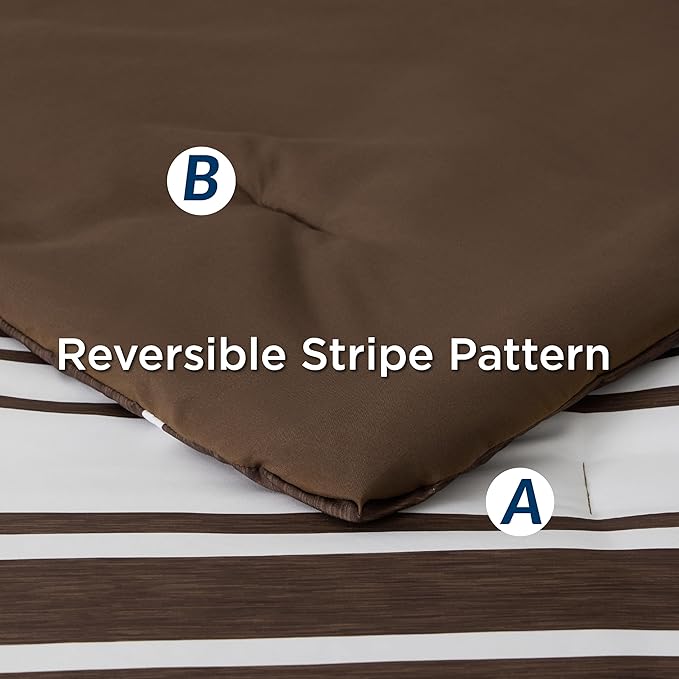 Bedsure Bed in a Bag Queen Size 7-Piece Brown White Striped Bedding Comforter Sets All Season Bed Set, 2 Pillow Shams, Flat Sheet, Fitted Sheet and 2 Pillowcases