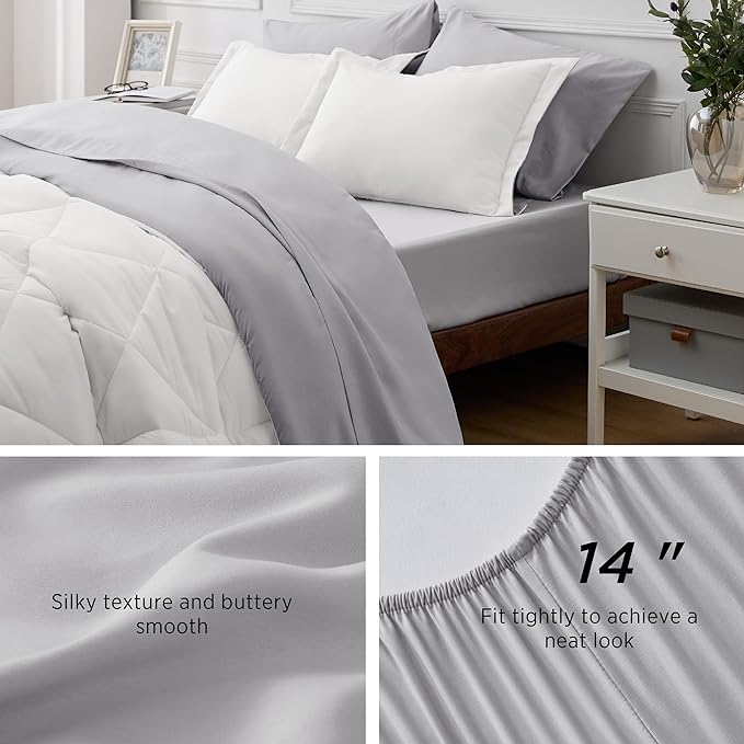 Bedsure Ivory California King Size Comforter Set - 7 Pieces Reversible California King Bed in a Bag, California King Ivory and Grey Bed Set with Comforters, Sheets, Pillowcases & Shams